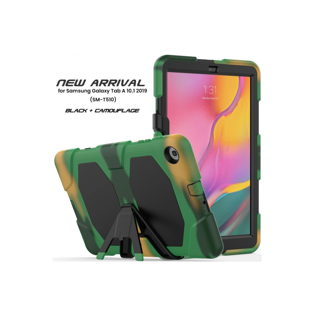 Samsung Galaxy Tab A 10.1 (2019) için siyah kamuflaj tablet kılıfı ve stand.