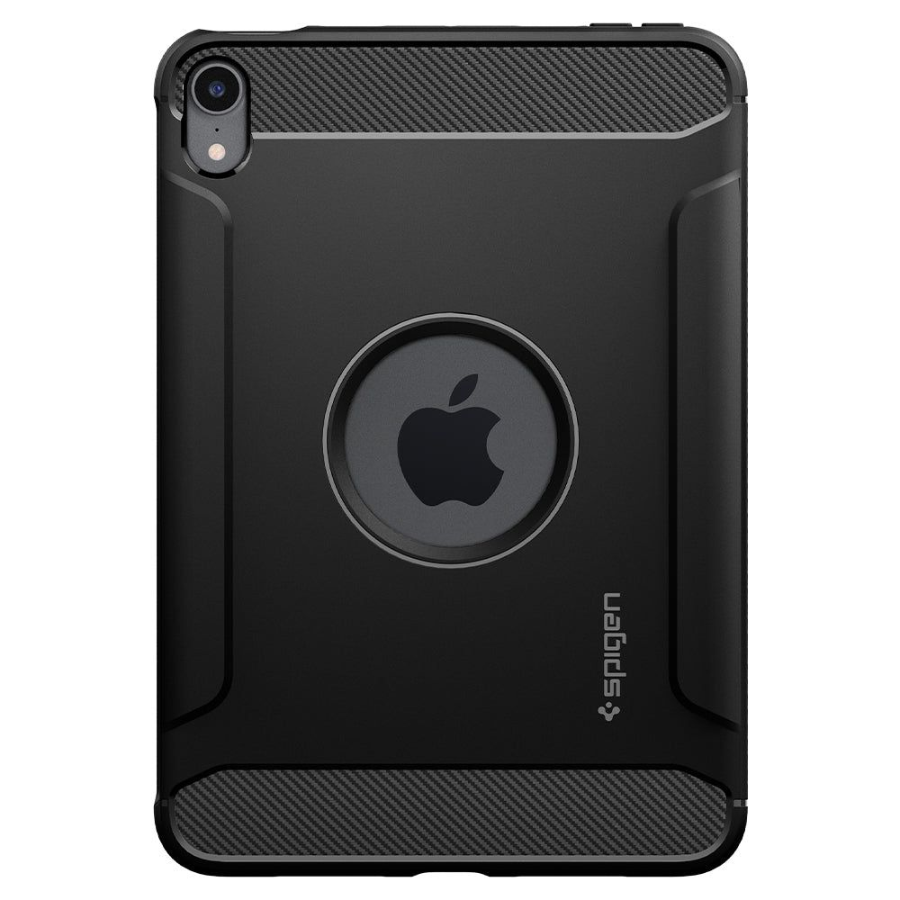 Custodia nera per tablet con logo Apple e accenti in fibra di carbonio.