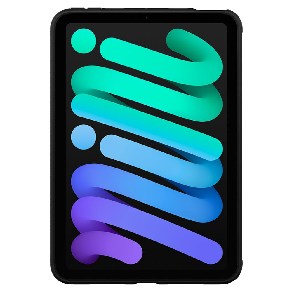 Un tablet nero con uno sfondo colorato e ondulato.