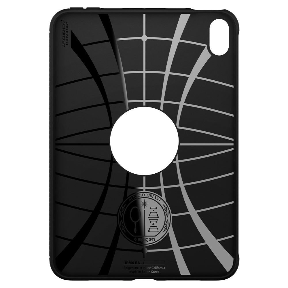 Custodia nera per tablet con ritaglio circolare e motivo a griglia. Logo Air Cushion Technology.