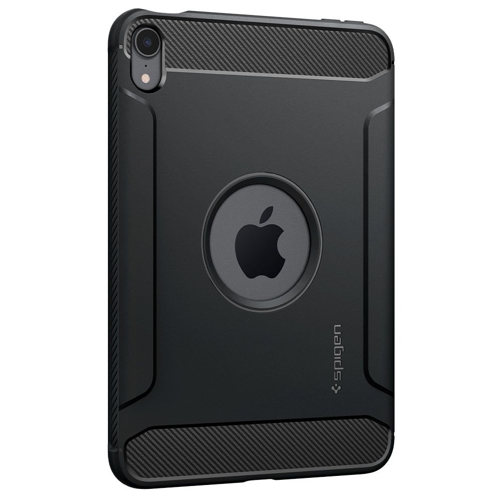 Custodia nera per tablet con logo Apple e accenti in fibra di carbonio.