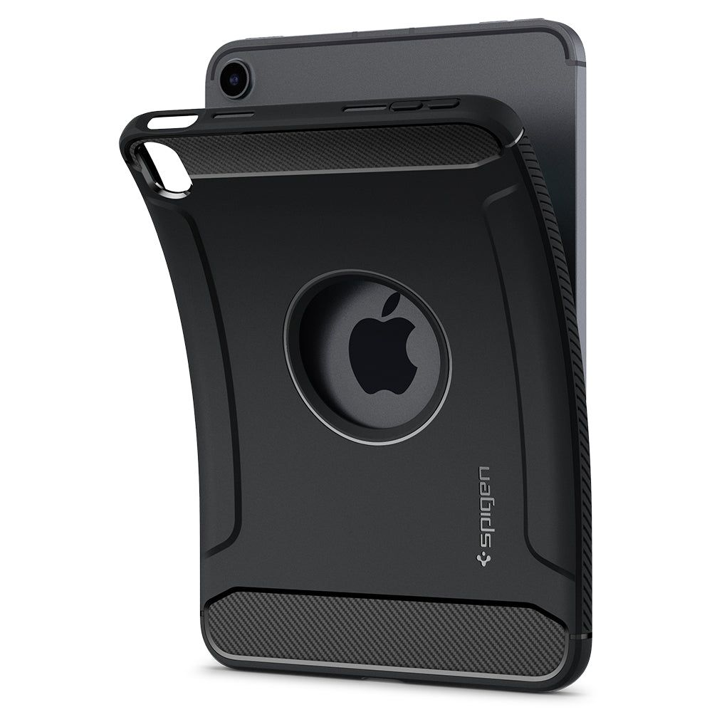 Custodia nera con logo Apple su un tablet scuro.