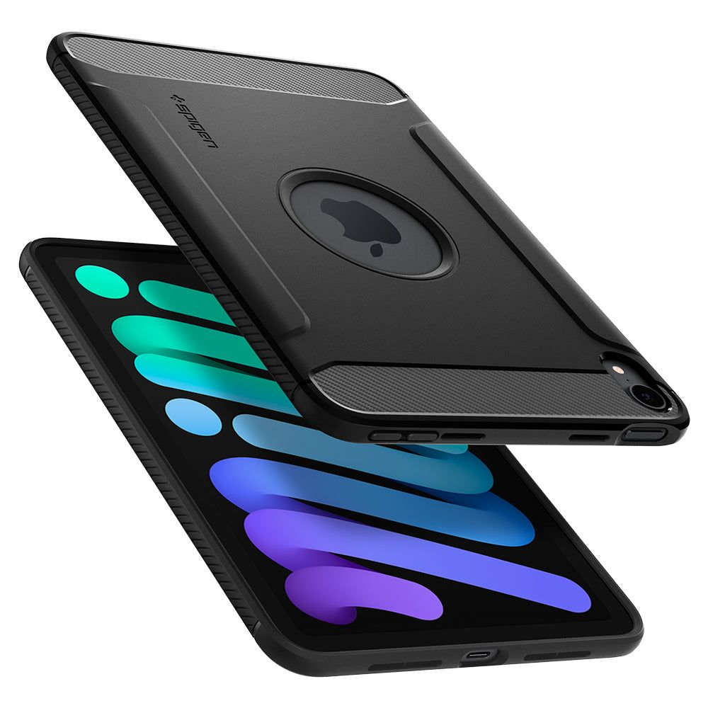 Custodia nera per tablet con logo Apple sopra un tablet con icone colorate.