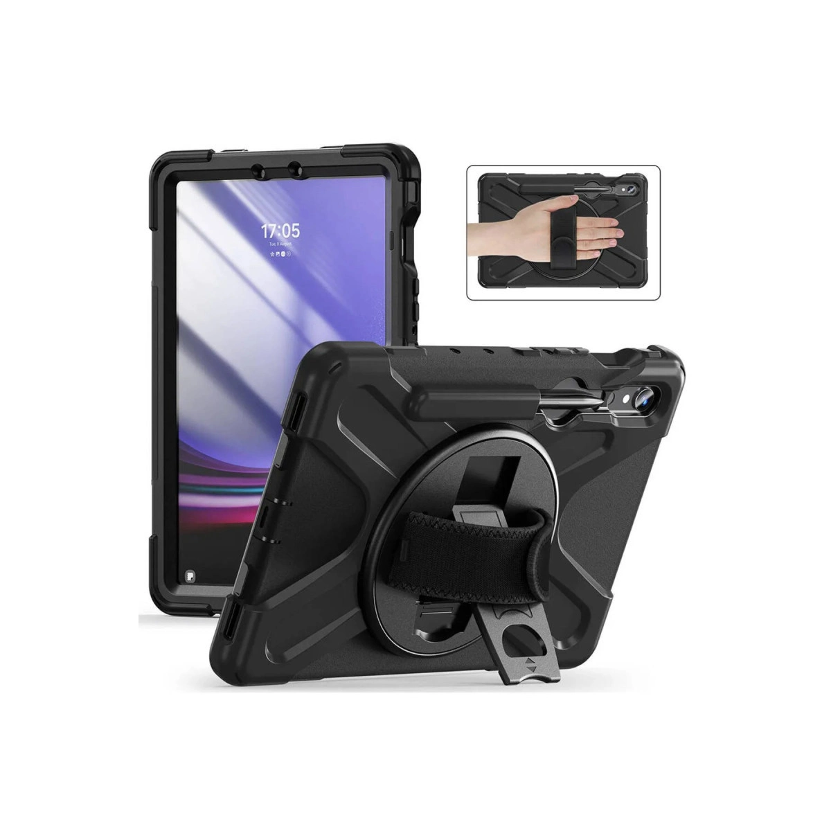 Siyah tablet kılıfı, elde tutma kayışı ve stantlı, ön ve arka görünüm.