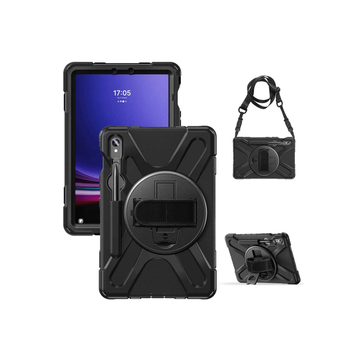 Standlı koruyucu kılıfta siyah bir tablet gösterilmektedir.
