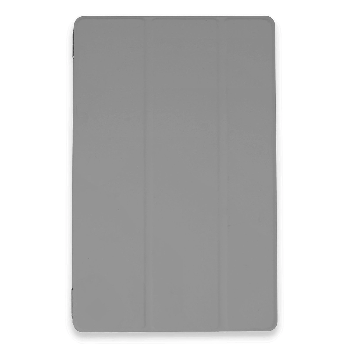 Ön tarafında üç katlanma yeri olan gri tablet kılıfı, beyaz arka plan üzerinde.