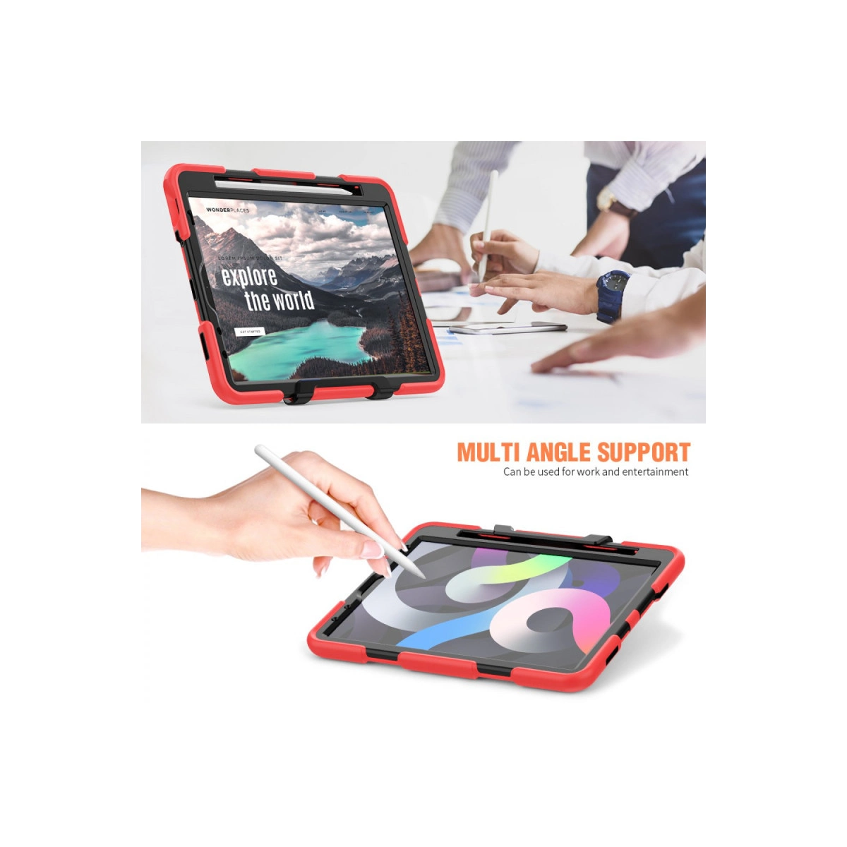 Ekranına dokunan kalemli kırmızı tablet kılıfı. Çok açılı destek.