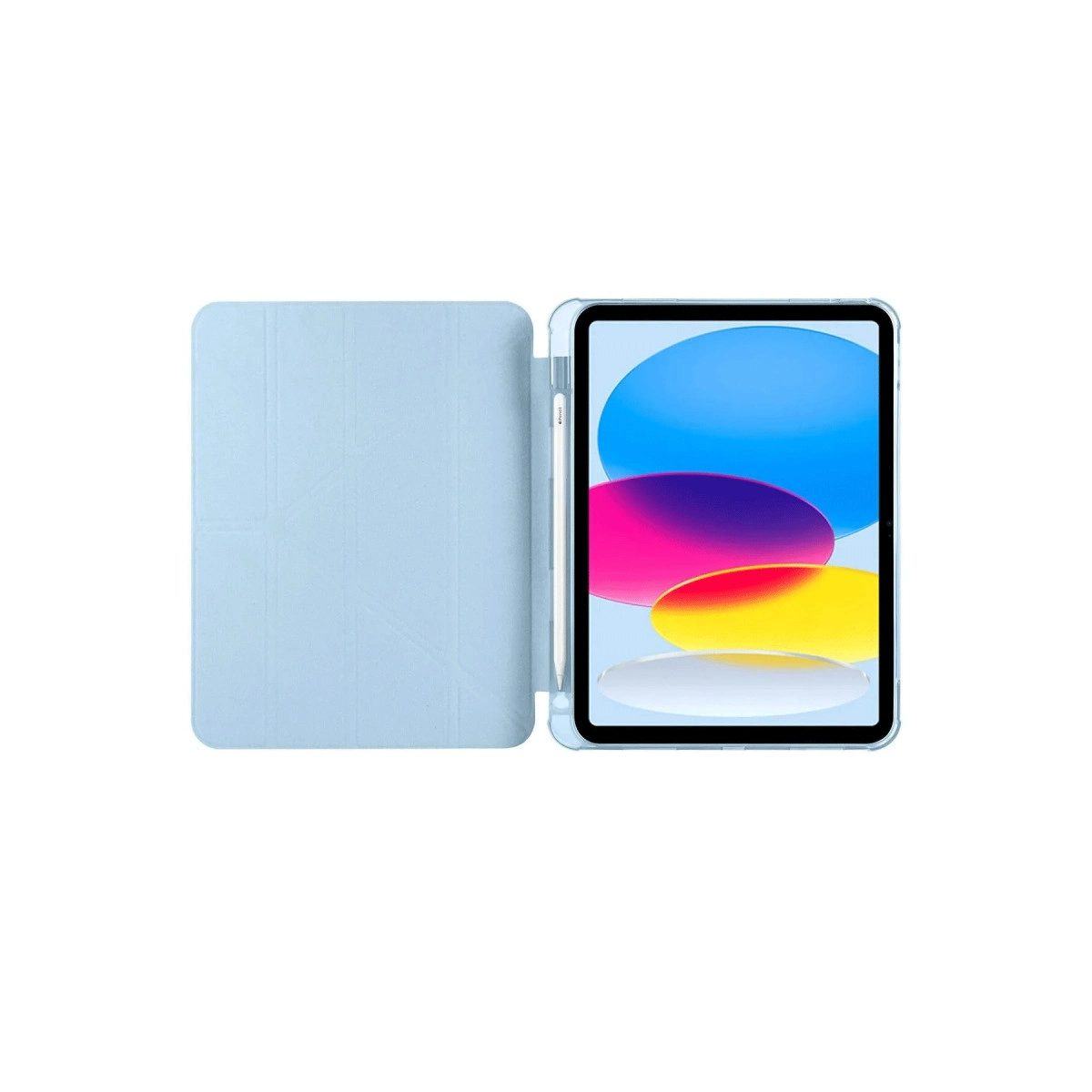 Renkli bir ekran gösteren açık kılıfta kalemli açık mavi tablet.