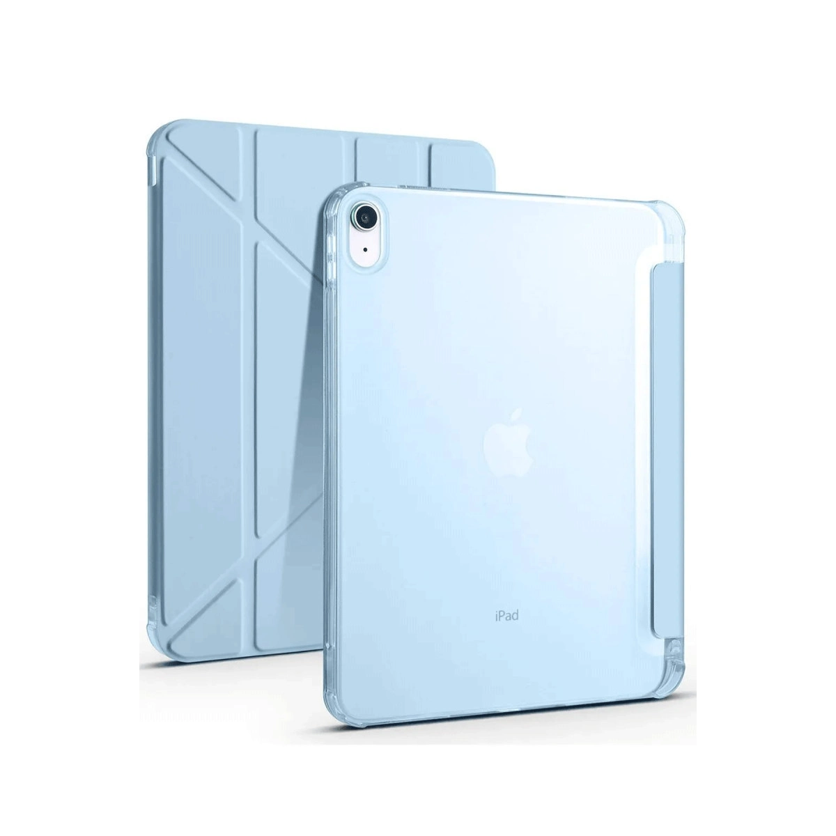 Açık mavi tablet şeffaf kılıfta, arkasında katlanmış mavi kapak.