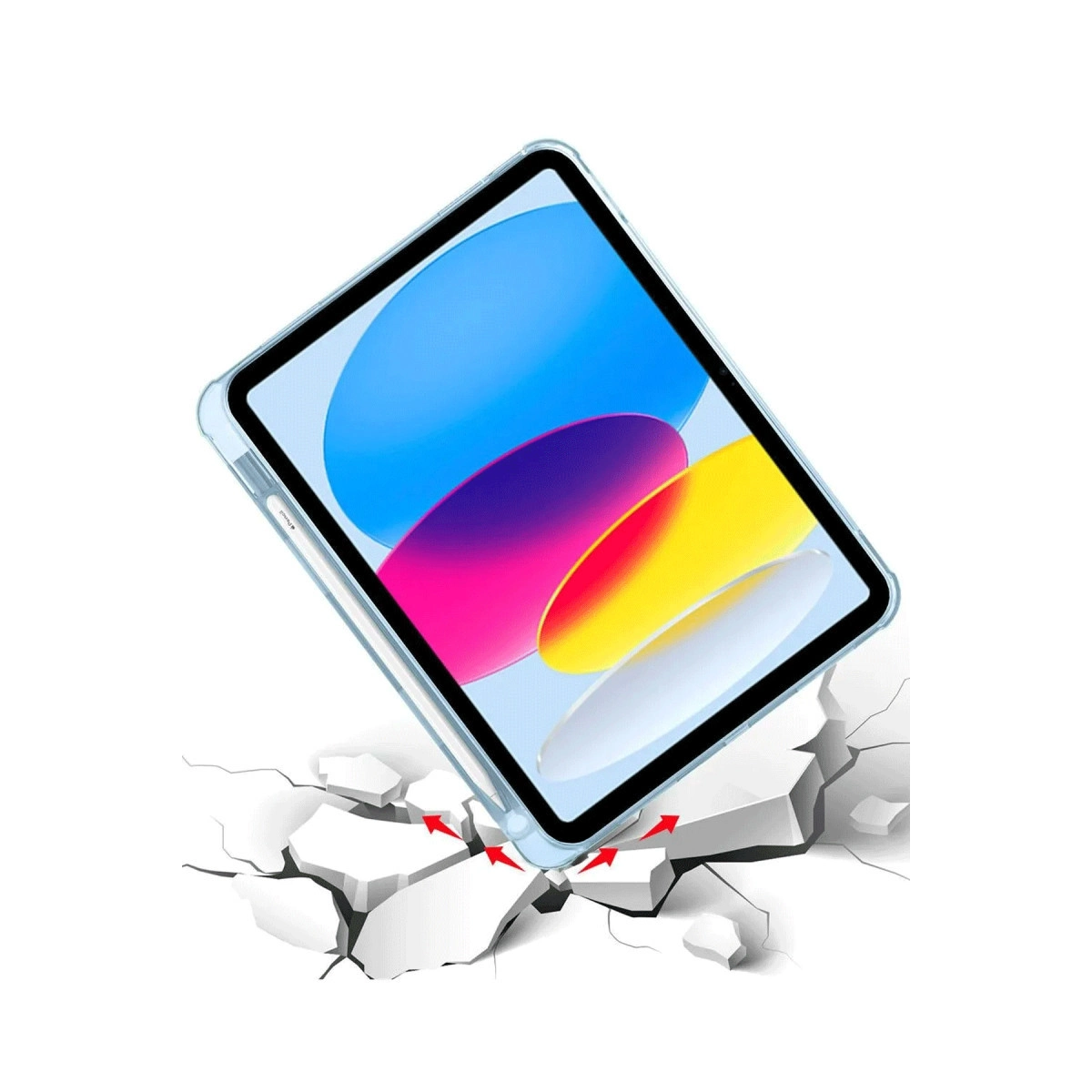 Şeffaf kılıflı kalemli tablet, çatlak zemine inişte.