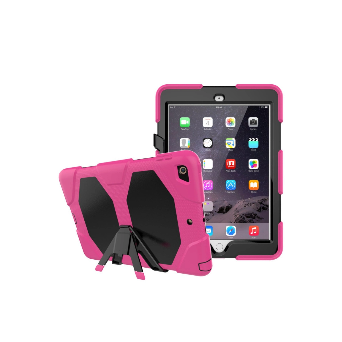 Pembe ve siyah sağlam tablet kılıfı stantlı. Tablet ekranı uygulamaları gösteriyor.