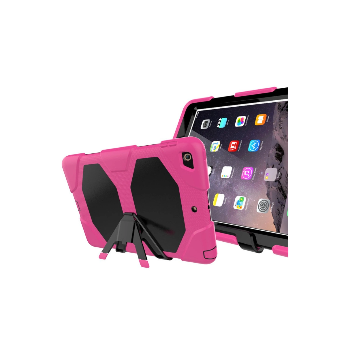 Arkası siyah ve standlı pembe bir tablet. Uygulamalar ekranda görünür.
