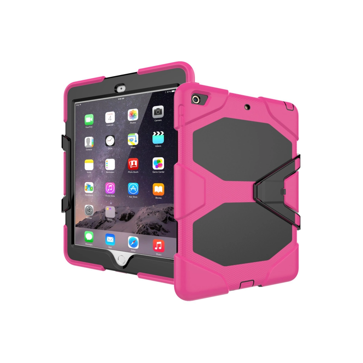Siyah koruyucu kılıfı ve standı olan pembe tablet.