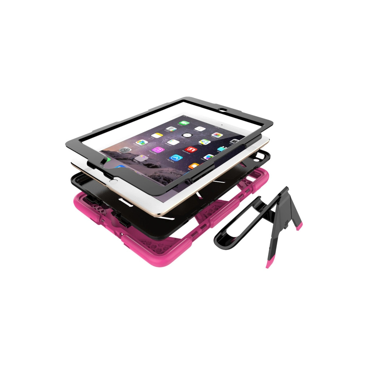 Tablet, koruyucu kılıfı ve standı ile birlikte parçalarına ayrılmış halde beyaz zeminde.