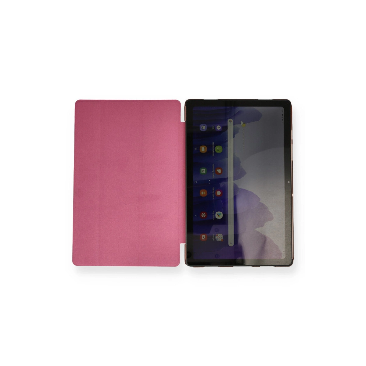Pembe bir tablet açık kapağıyla beyaz bir zeminde duruyor.