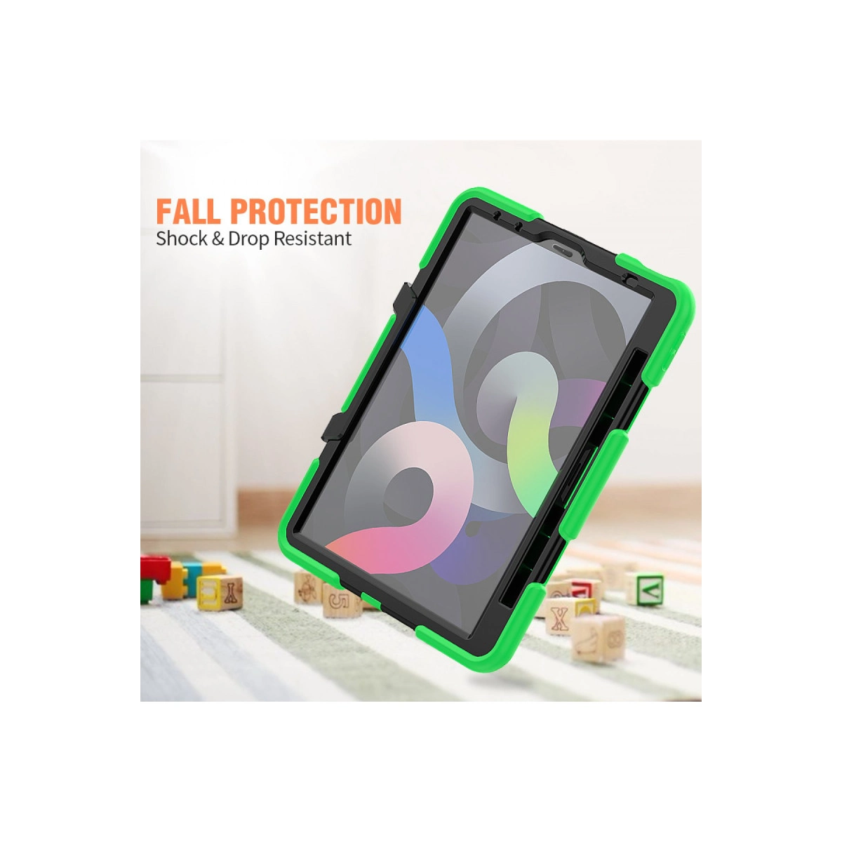 Üzerinde "FALL PROTECTION" yazısı olan yeşil tablet kılıfı, bloklu çizgili halıda.