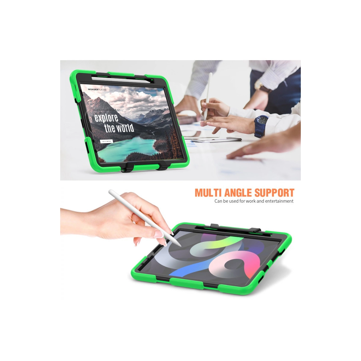 Masada kalemli yeşil tablet, arka planda çalışan insanlar.