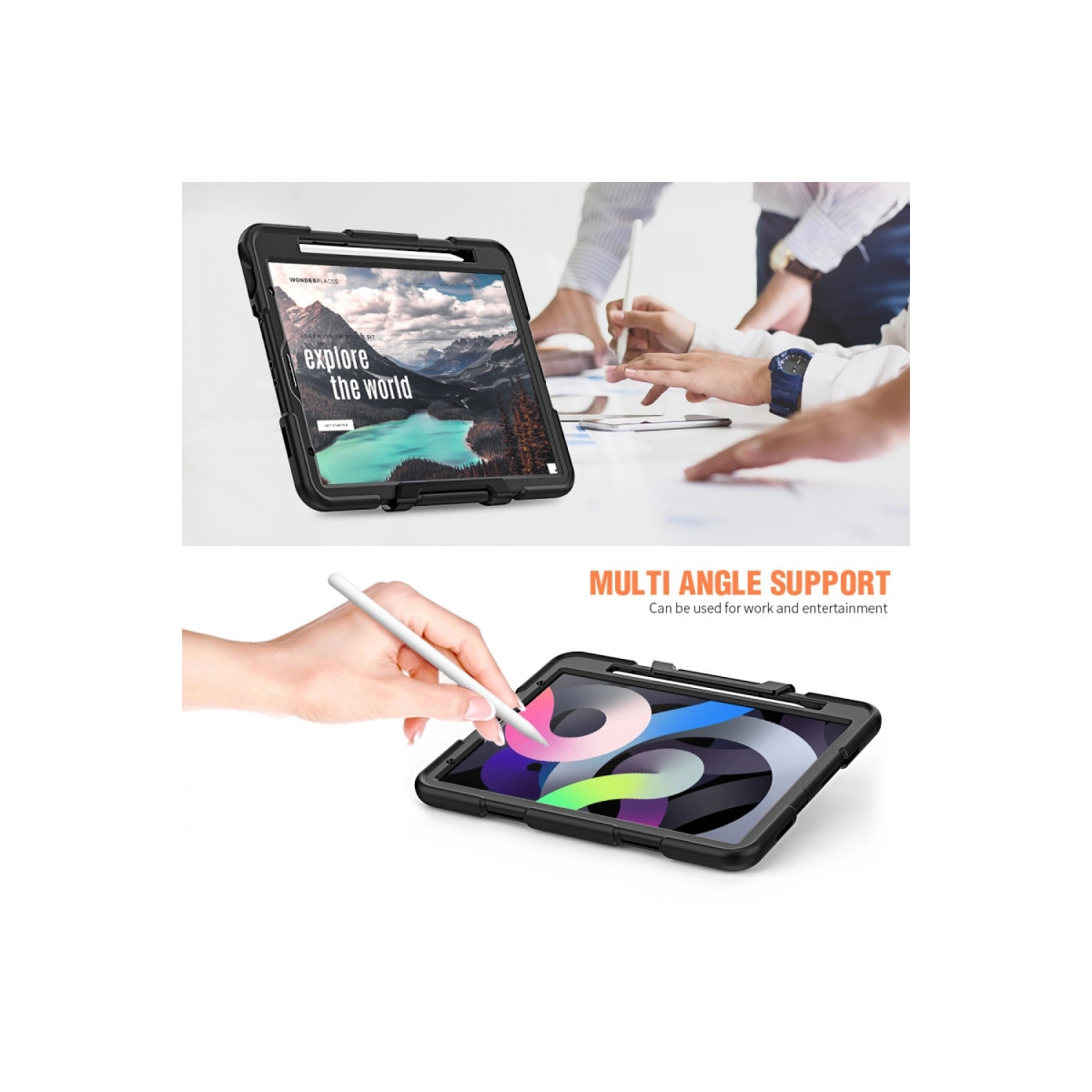 Bir el, masanın üzerinde duran korumalı bir tablette kalem kullanıyor.