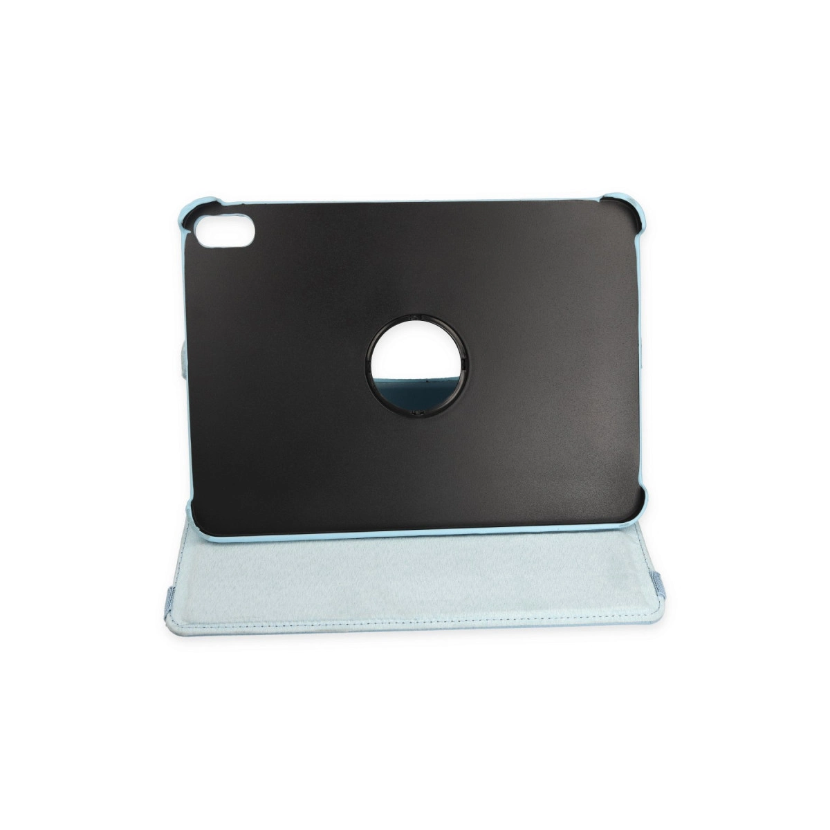 Yuvarlak kesimli siyah arka yüzü olan açık mavi tablet kılıfı.