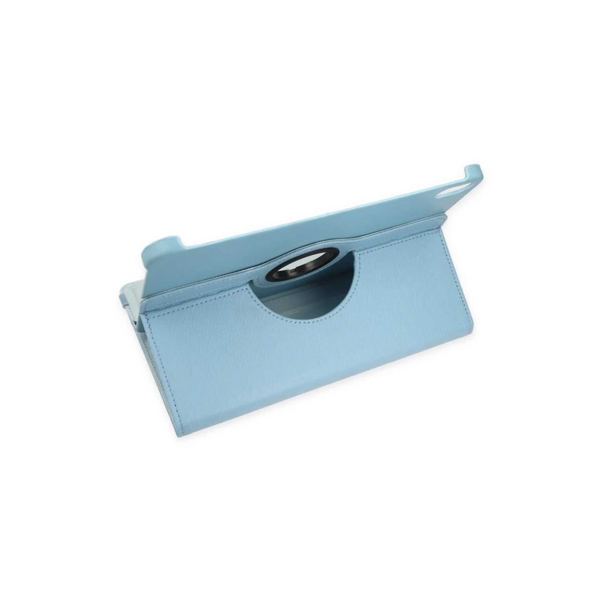 Metal halkalı yuvarlak açıklığı olan açık mavi tablet kılıfı.