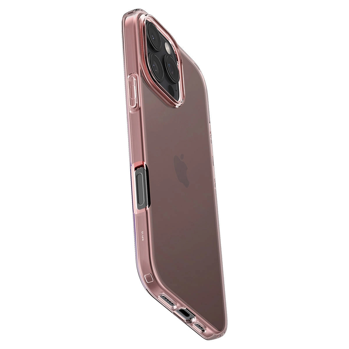 Una custodia per telefono trasparente oro rosa con tre fotocamere sul retro.