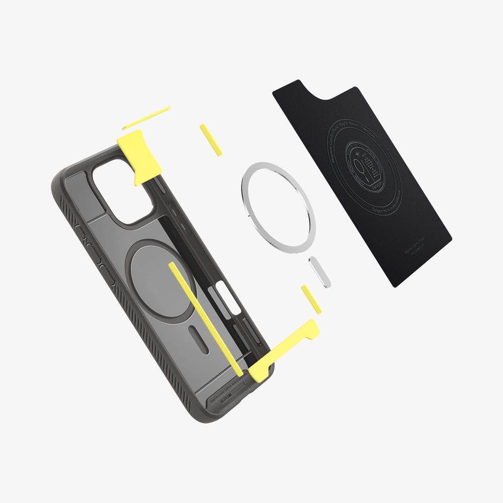 Custodia per iPhone con anello magnetico e parti gialle.