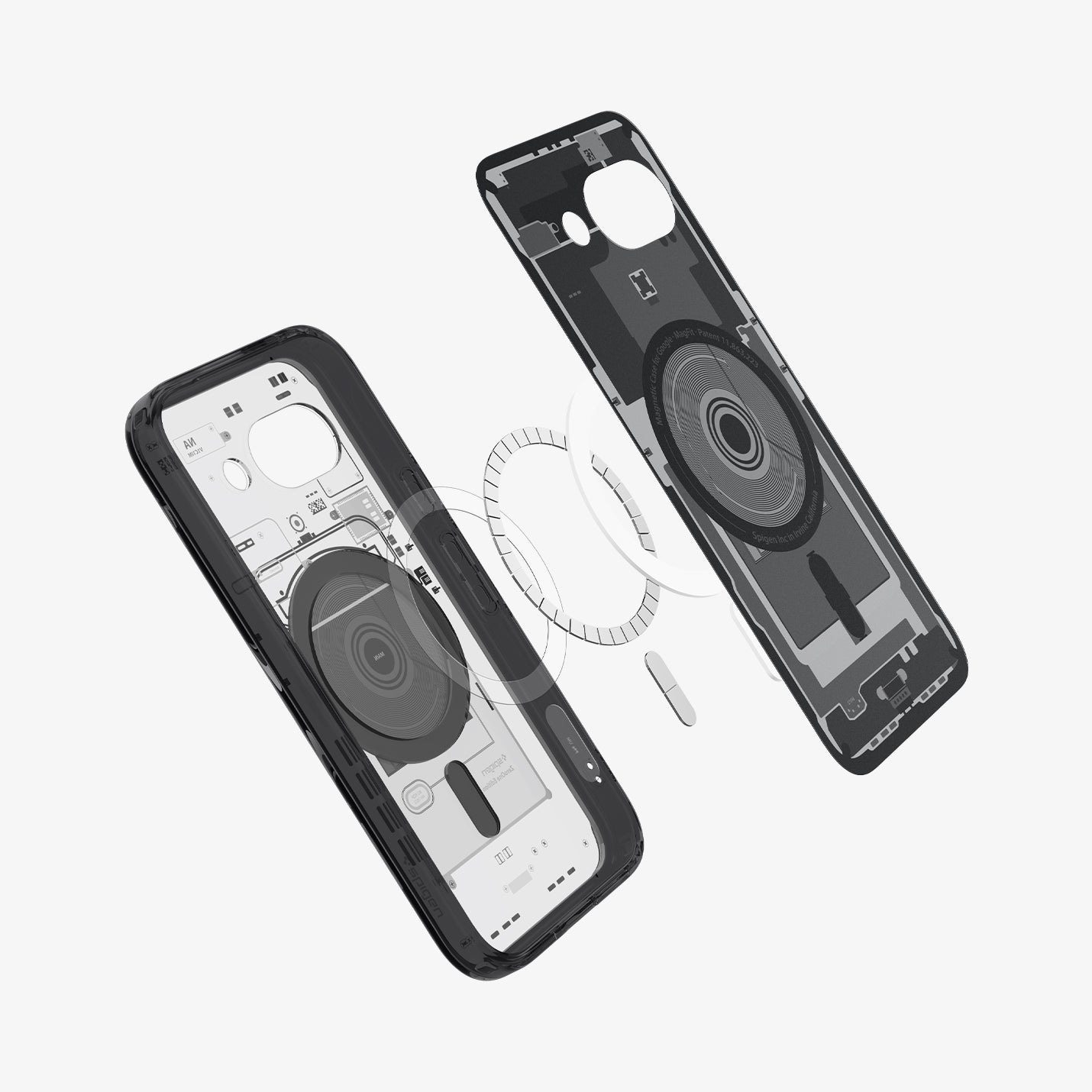 Due custodie trasparenti per telefono con anelli magnetici e componenti interni.