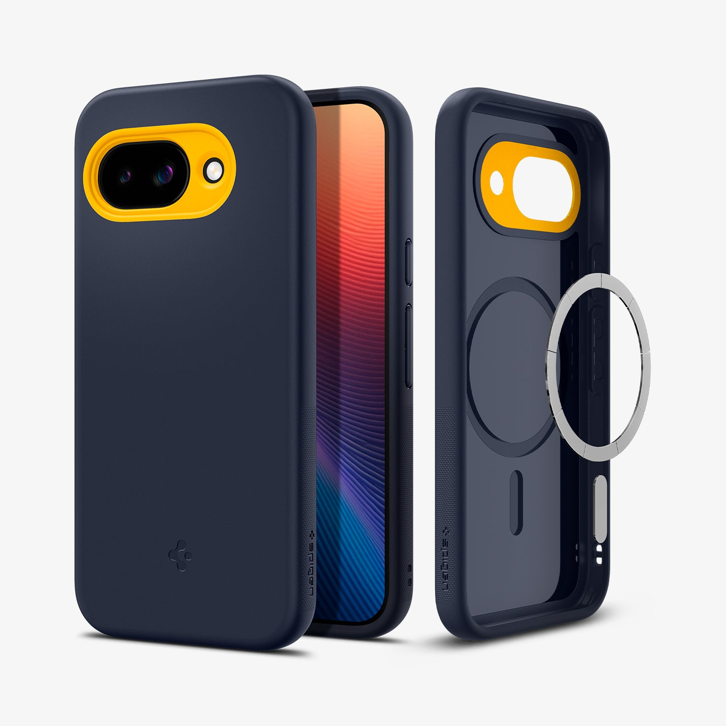 Custodia blu scuro con cornice gialla per fotocamera e anello magnetico.