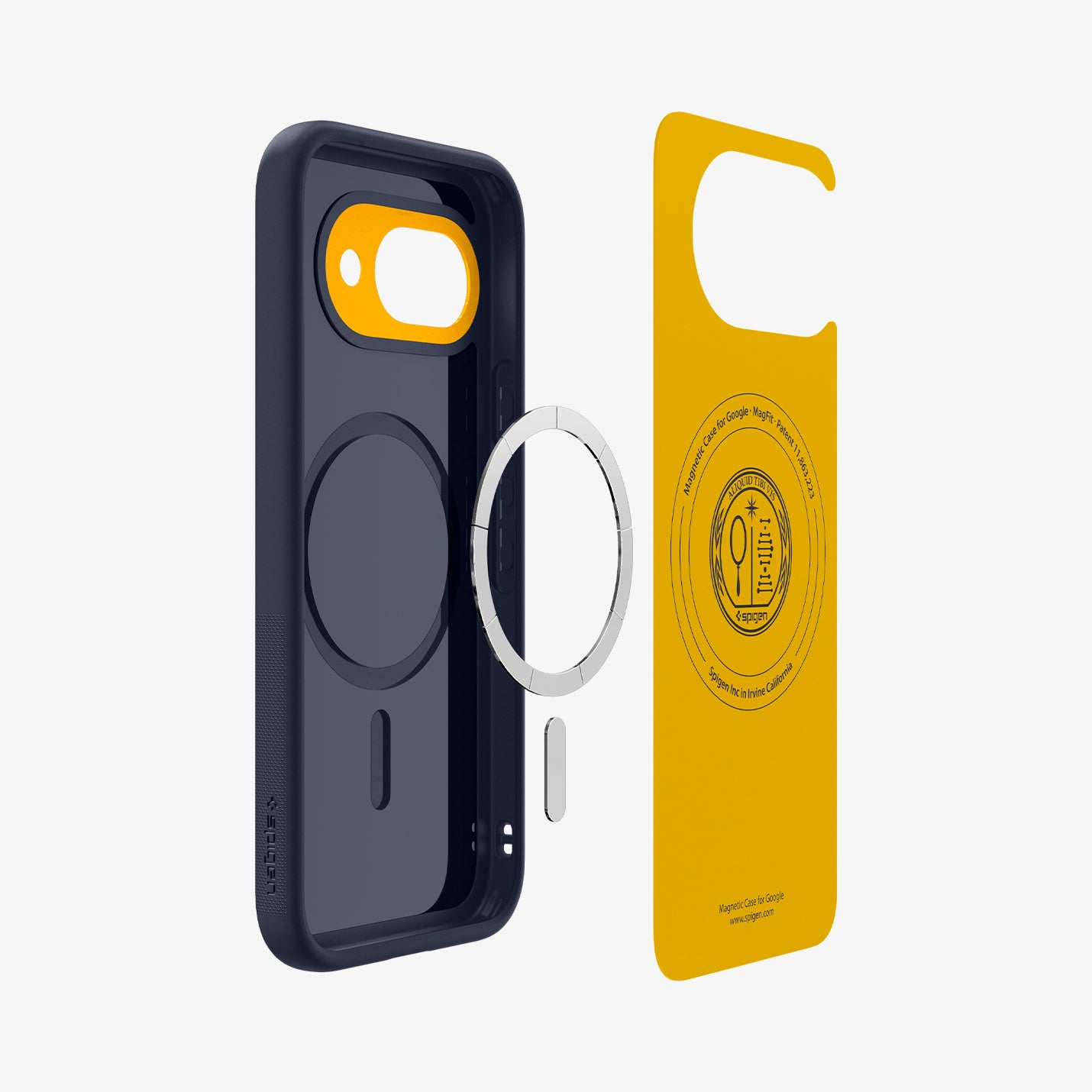 Custodia blu scuro per telefono con inserto giallo, anello magnetico e guida.