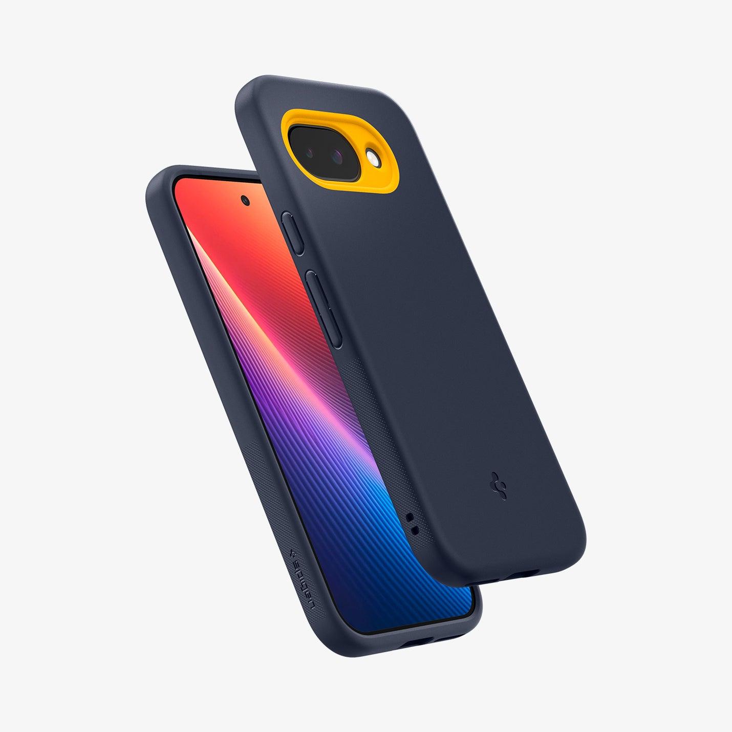 Custodia blu scuro con accento giallo sulla fotocamera e uno smartphone dietro.