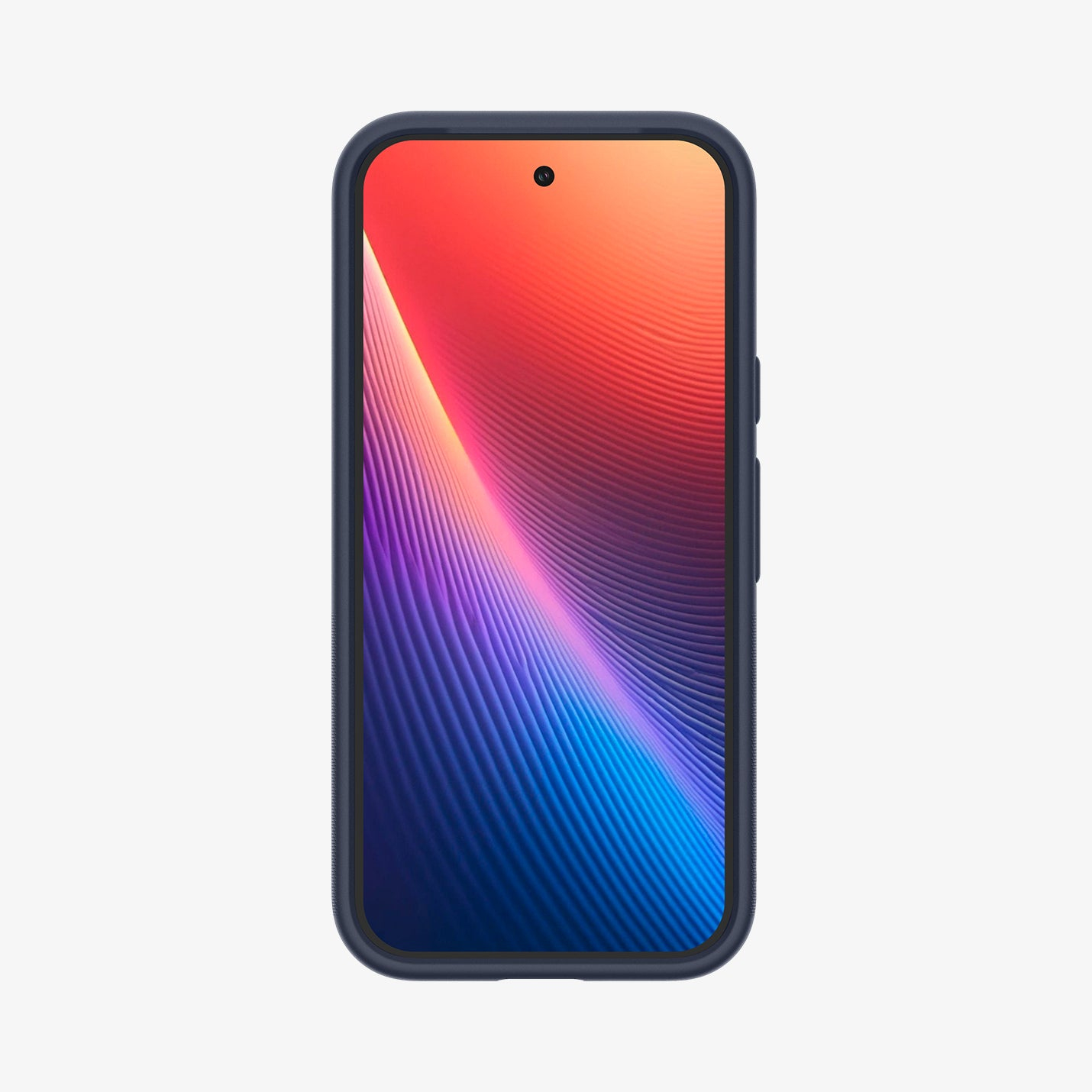 Uno smartphone blu scuro con uno sfondo colorato e astratto sullo schermo.