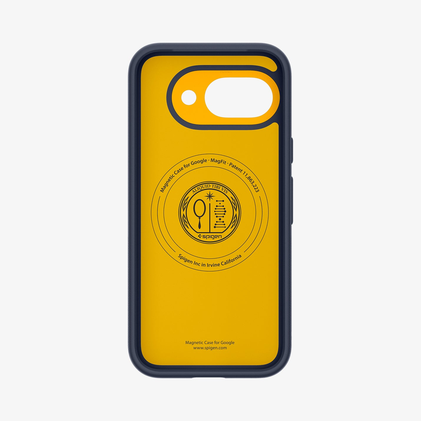 Custodia gialla per telefono con bordo blu scuro, logo e testo Spigen.