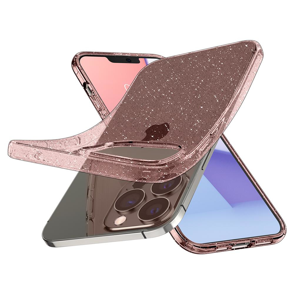 Cover rosa oro glitterata su un telefono argento con schermo rosa.