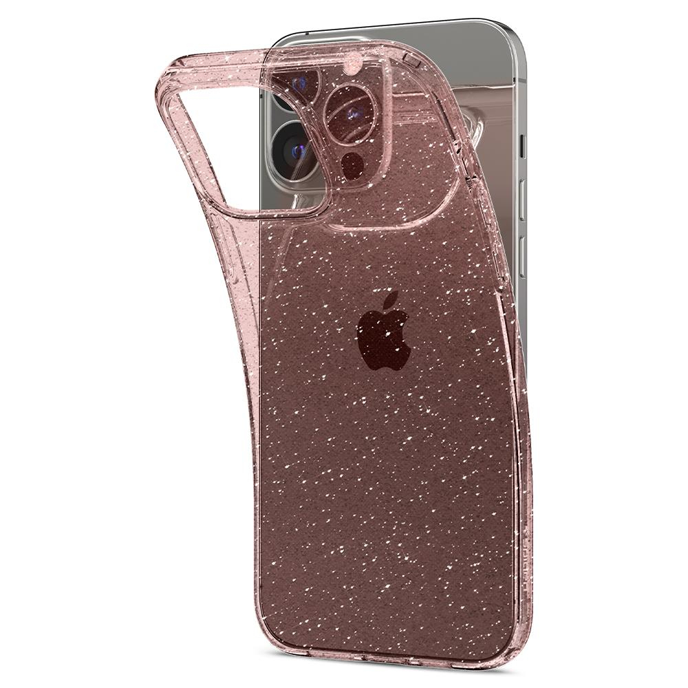 Cover per telefono oro rosa glitter su un iPhone. Logo Apple visibile.