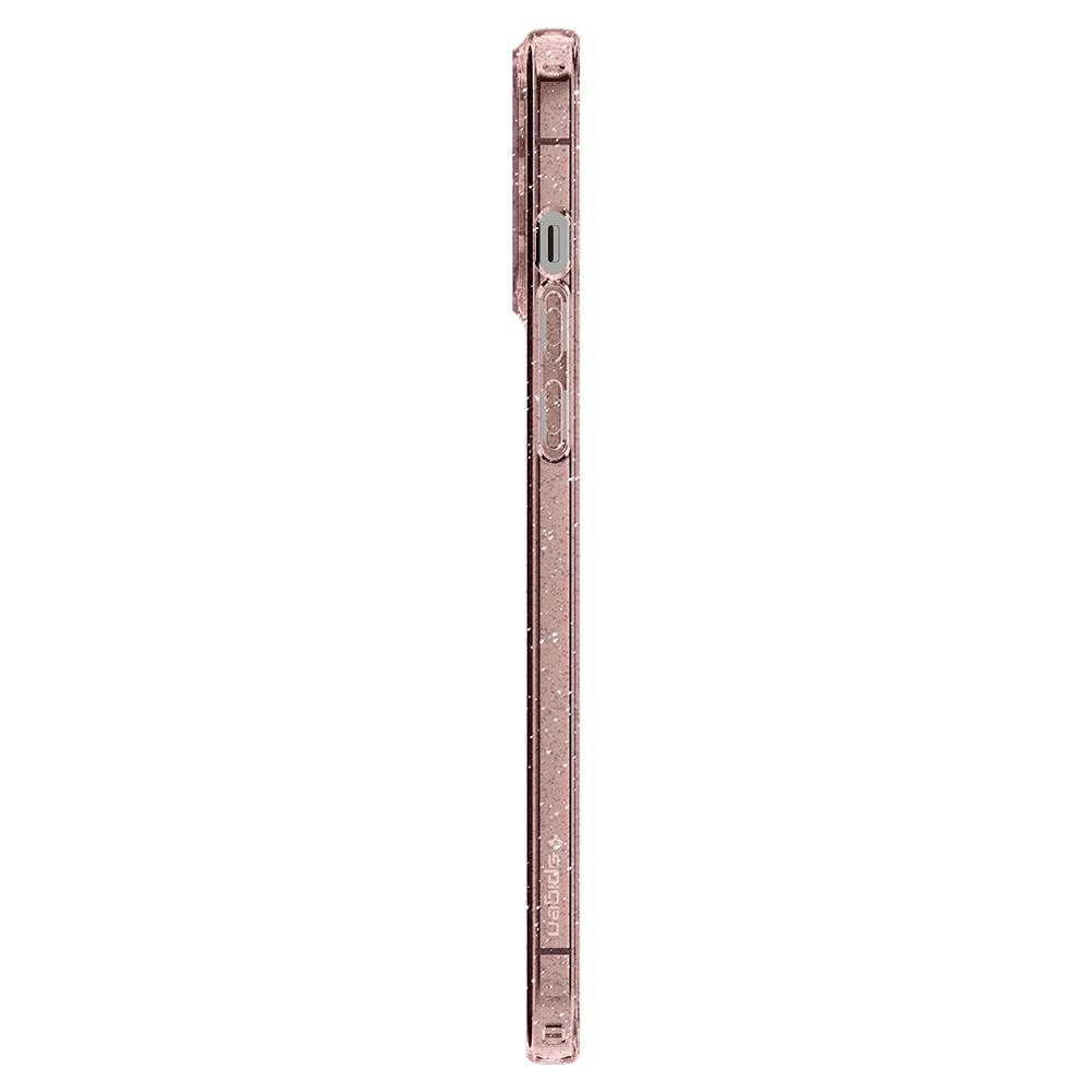 Vista laterale di una cover per telefono rosa glitter su sfondo bianco.