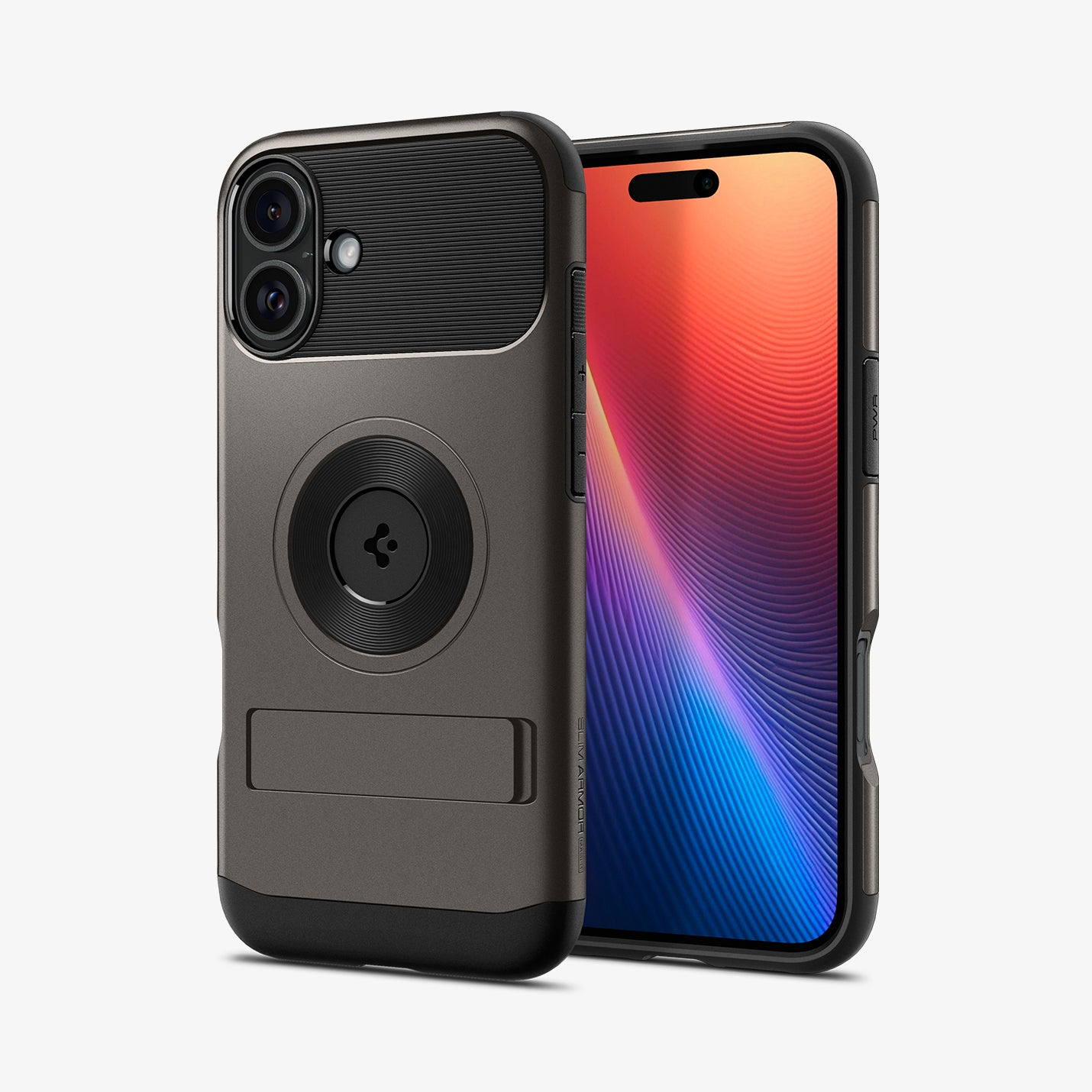 Una custodia per telefono grigio scuro con cavalletto è mostrata accanto a uno smartphone.
