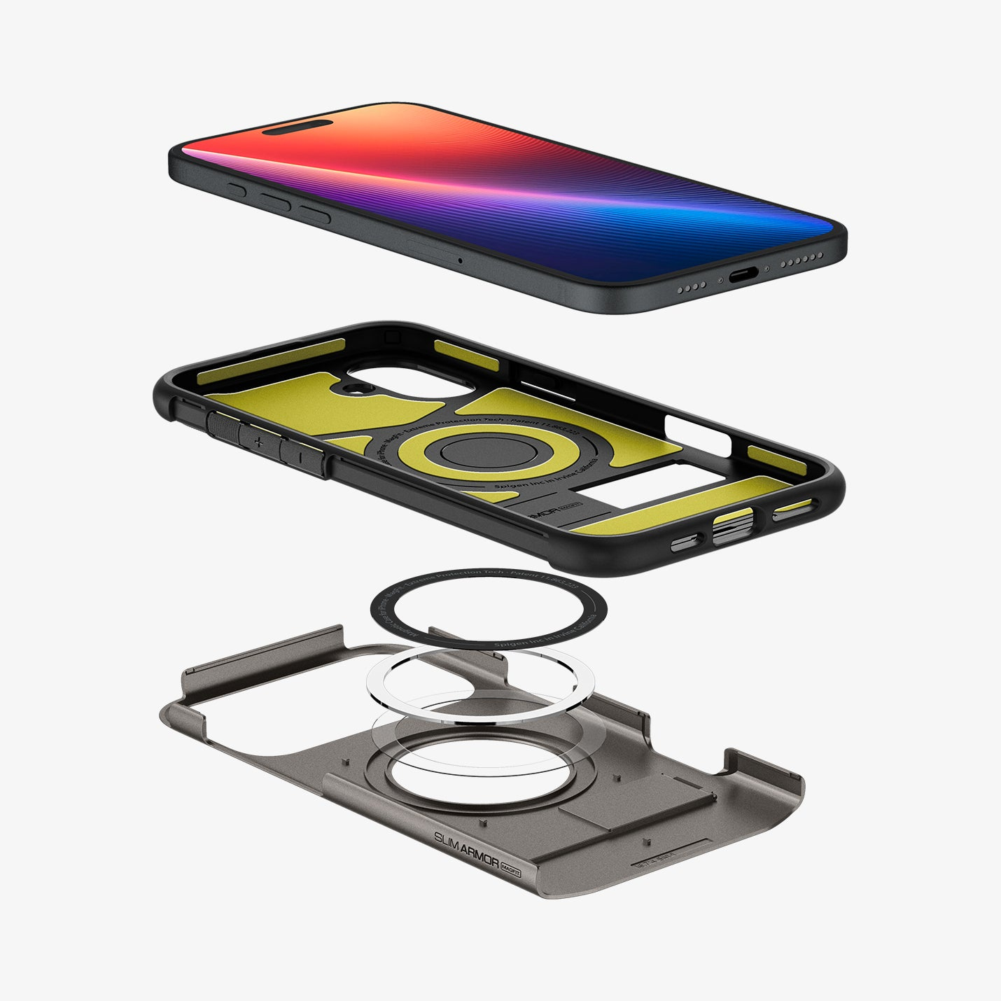 Vista esplosa di telefono, custodia e anello MagSafe. Custodia grigia, interno giallo.