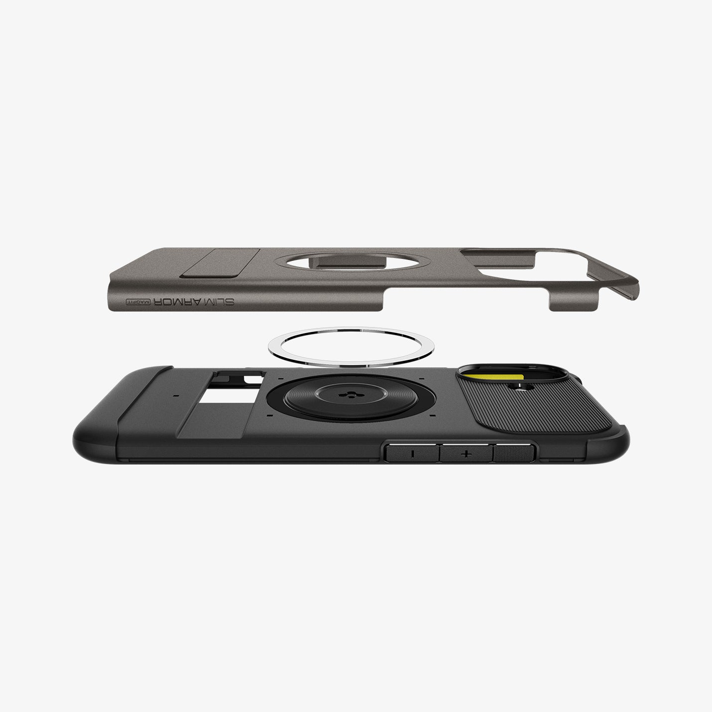 Una custodia grigia per telefono fluttua sopra una custodia nera con anello magnetico.