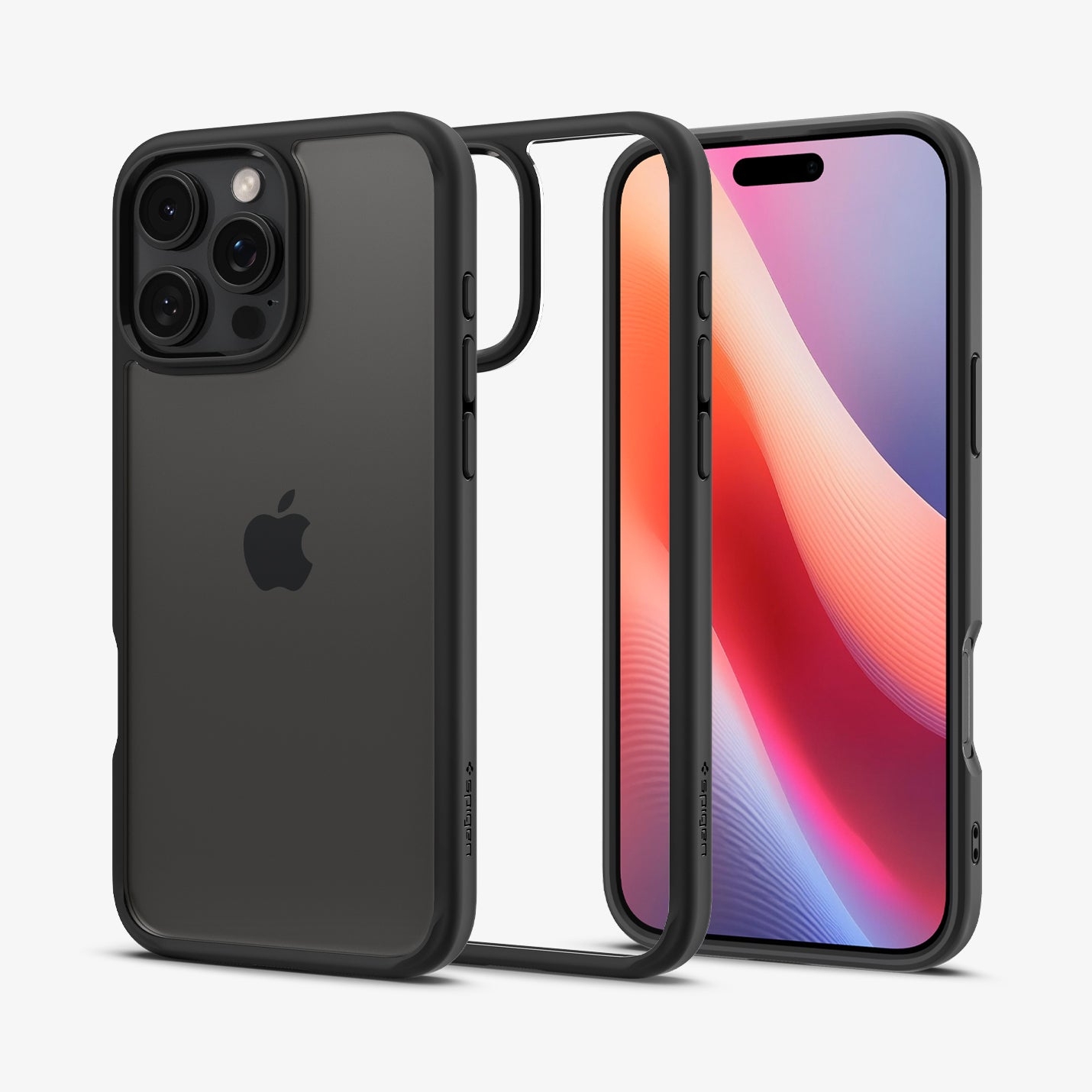 Custodia grigio scuro per iPhone con logo Apple e protezione fotocamera. Accanto, una custodia trasparente.
