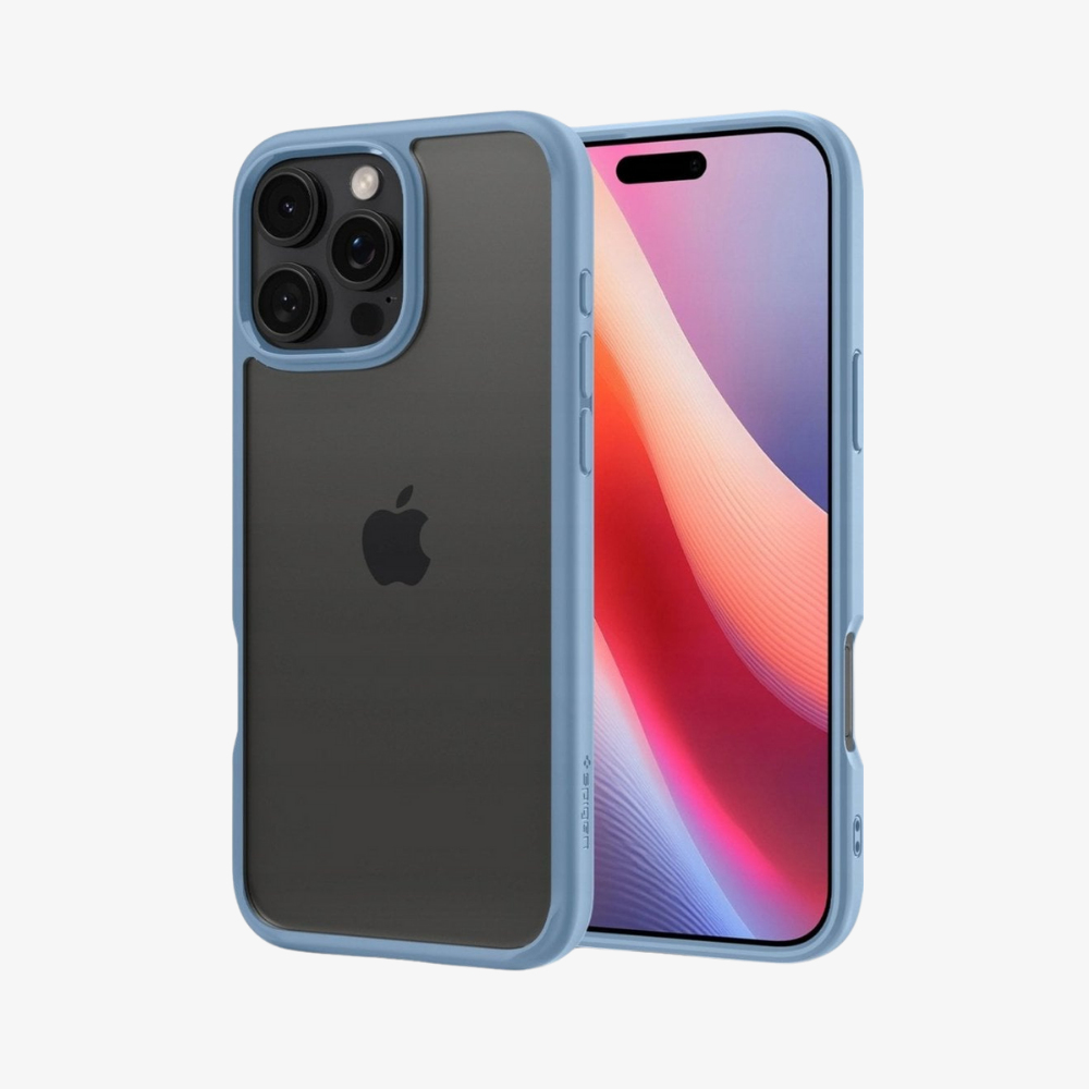 Una cover blu chiaro per iPhone con retro trasparente e tre fotocamere.