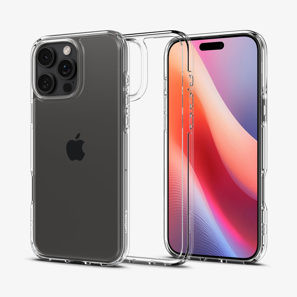 Due custodie trasparenti per telefono. Una mostra un telefono scuro con logo Apple, l'altra uno schermo.