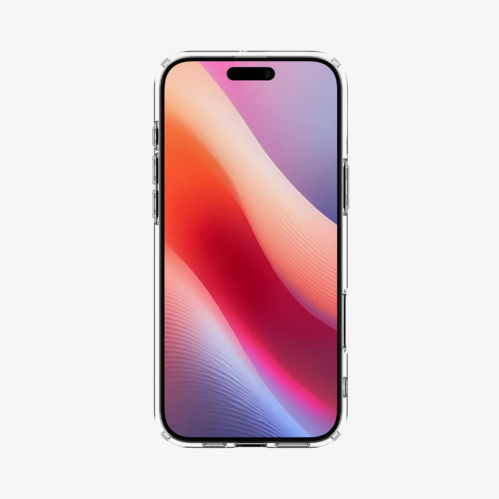 Un telefono trasparente in una custodia trasparente mostra uno sfondo colorato.