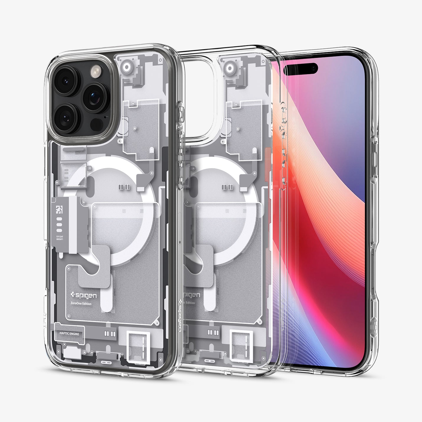 Custodia trasparente per telefono con design meccanico interno, mostra uno smartphone.