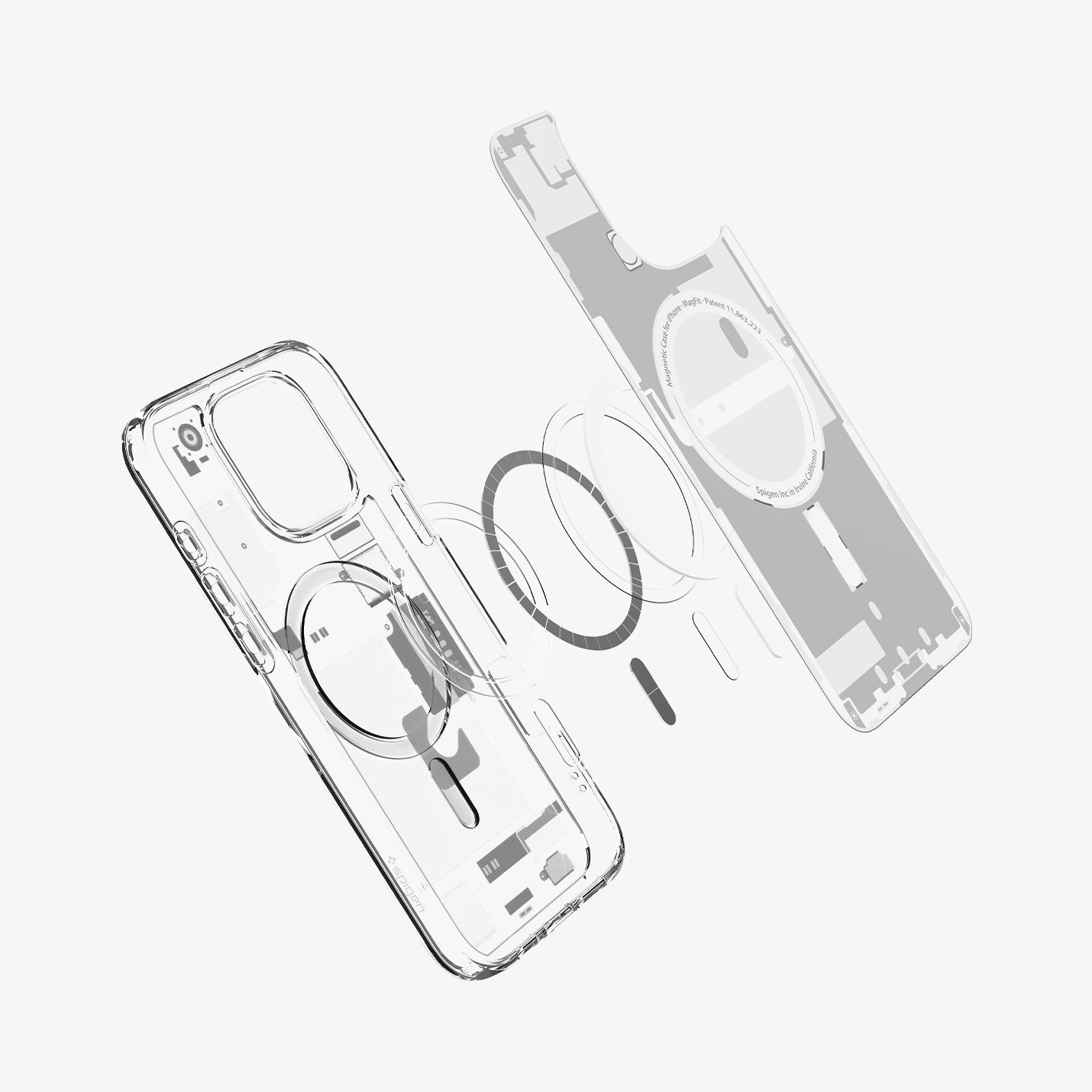 Vista esplosa di una custodia trasparente per telefono con magneti MagSafe.