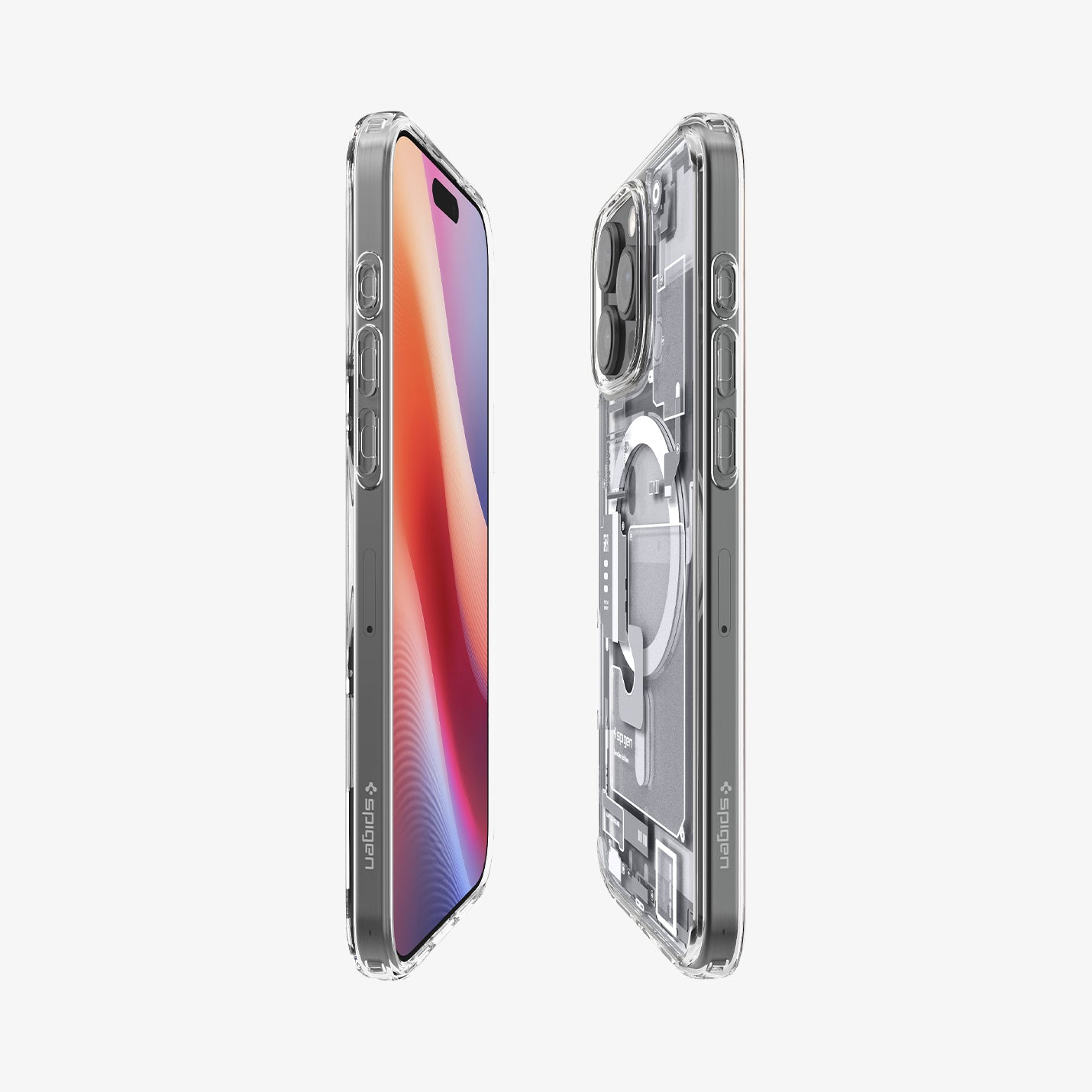 Una custodia trasparente per iPhone che mostra componenti interni e pulsanti.