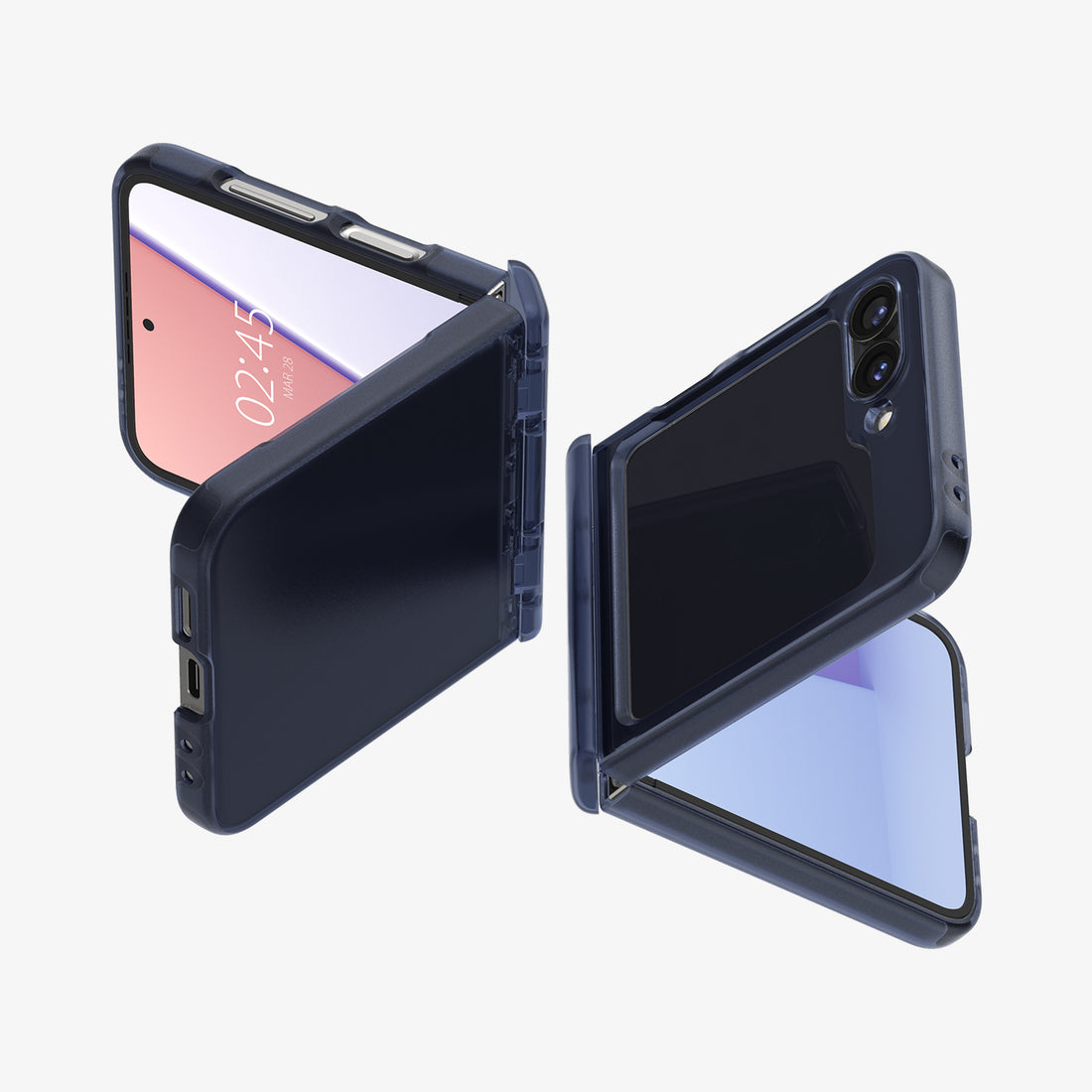 Due custodie per cellulari pieghevoli blu scuro, una aperta e una chiusa, su sfondo bianco.