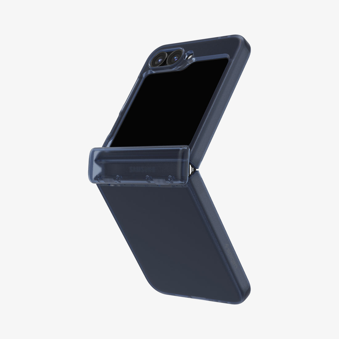 Un telefono flip aperto blu scuro con cerniera trasparente e doppia fotocamera.