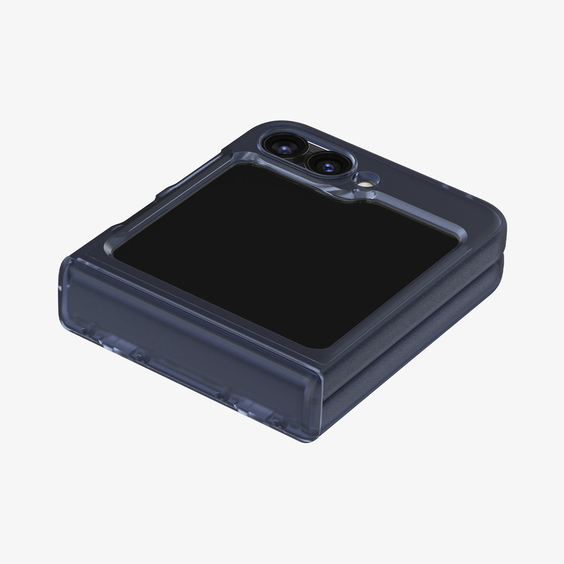 Una custodia blu scuro per telefono flip con schermo nero.