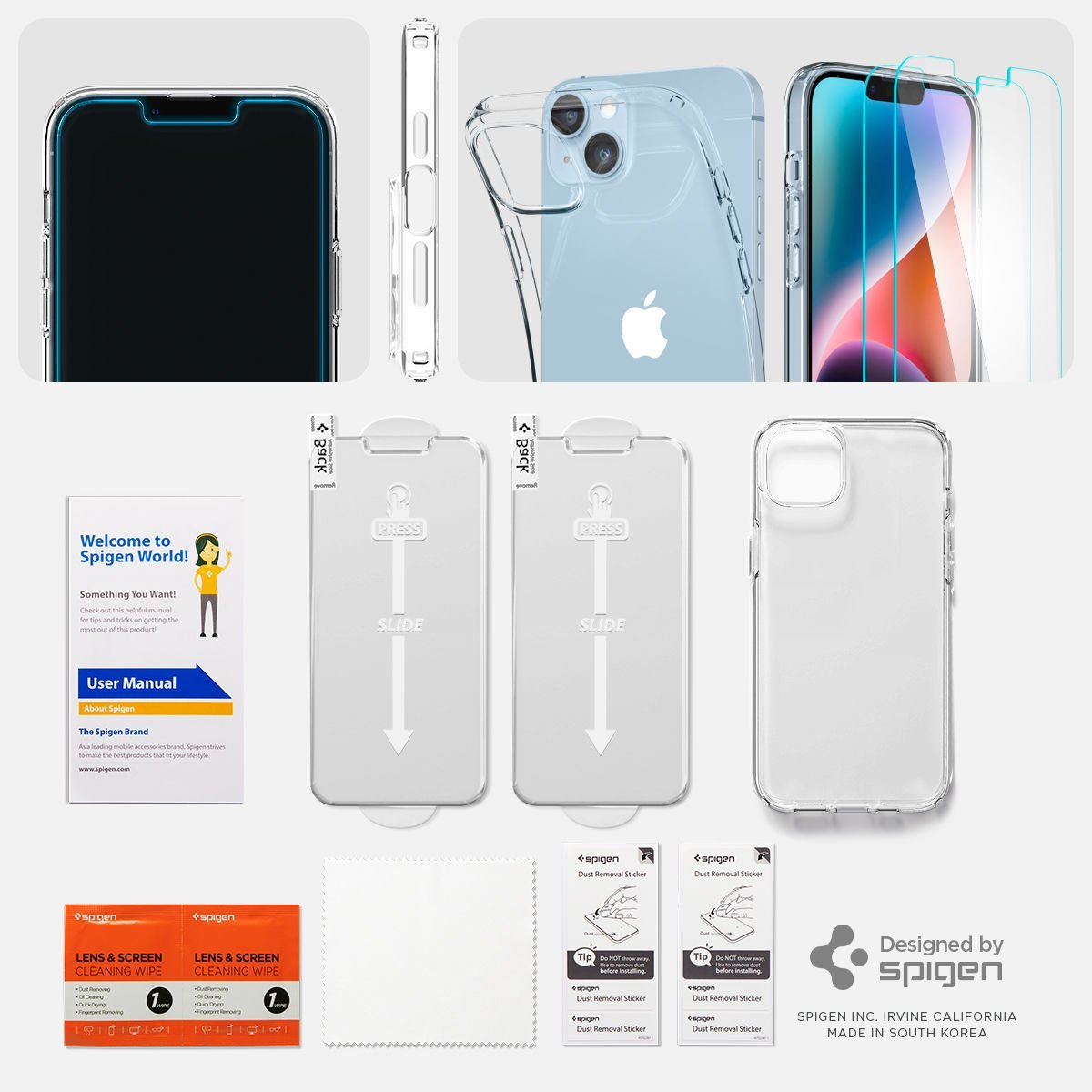 Custodia per iPhone, protezioni schermo e accessori su sfondo bianco.