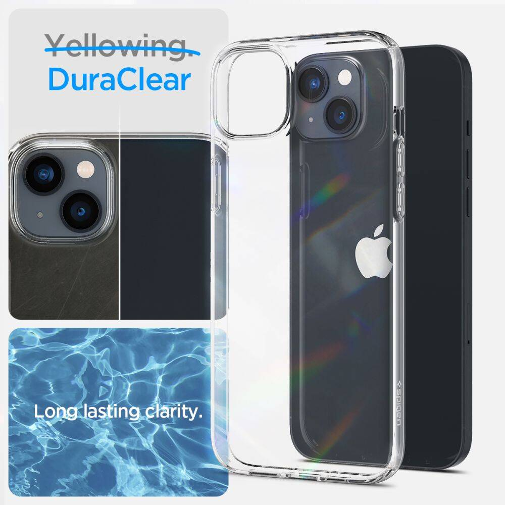 Custodia trasparente per iPhone con motivo ad acqua e testo. Mostra un iPhone in custodia.